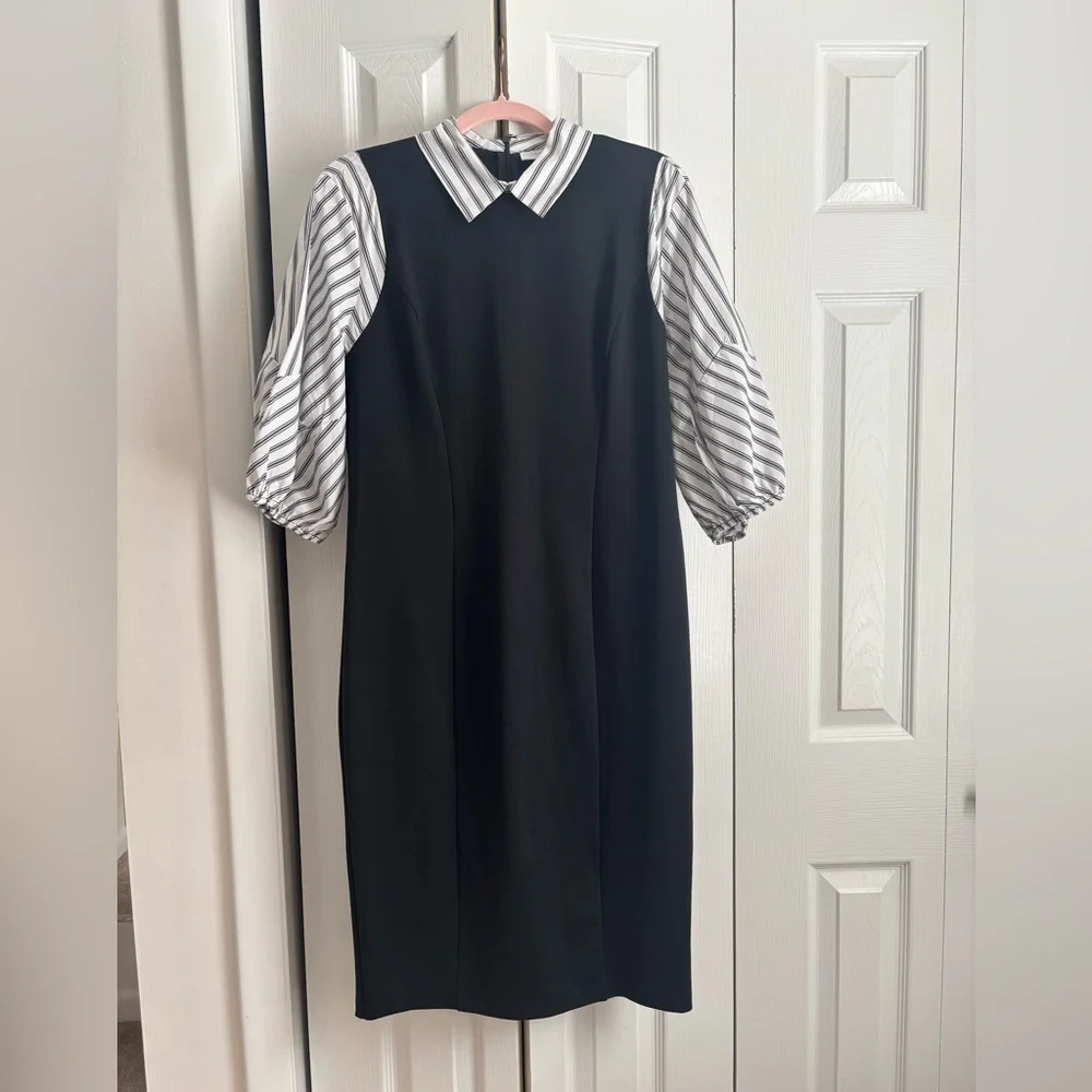 New York & Company Ponte Dress- Size Large- NWT | Black with Striped Blouse Look - Picture 4 of 5
